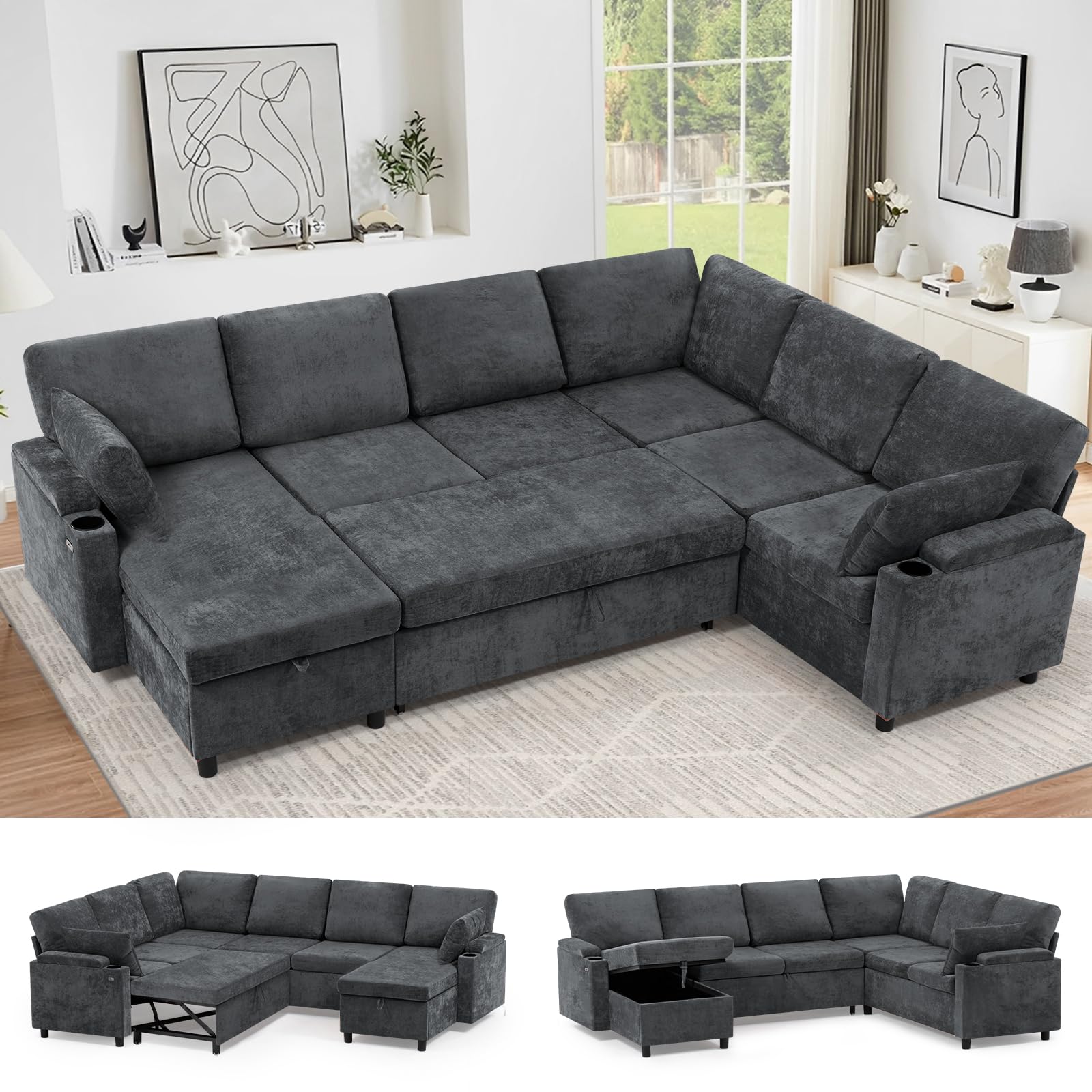 ACMEASE 110” Chenille Sectional Sofa w/Pull Out Bed & Storage Chaise, Reversible U Shaped Sofa w/Storage Armrests & Cup Holders, Corner Couch w/USB