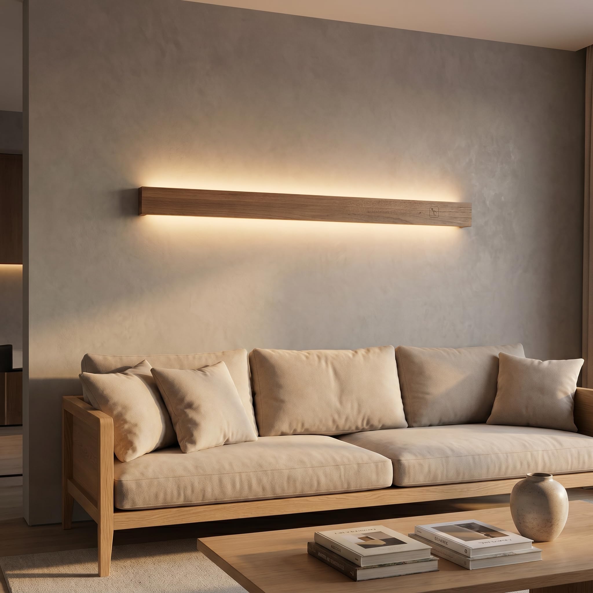 BARCELONA LED Aplique Pared Madera LED 24W Regulable 100cm | Acabado Natural, Luz Cálida 3000K, Uso Interior, Control Táctil, Estilo Nórdico