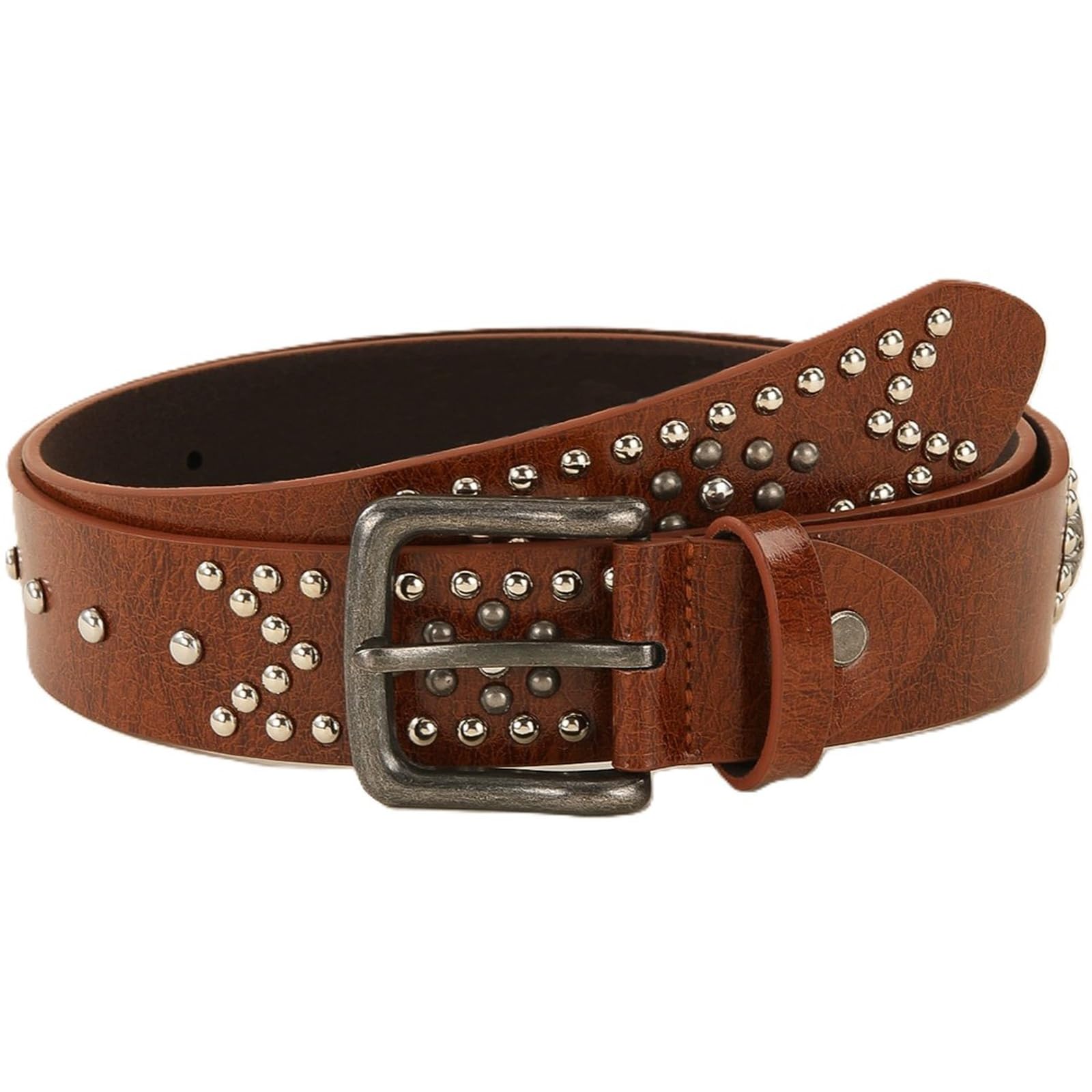 AGUTALITHIC Faux Leather Studded Belt Metal Prong Buckle,Vintage Floral Rivet in Circular Arrangement 3.3cm Unisex Punk Strap(100cm/39, Brown)