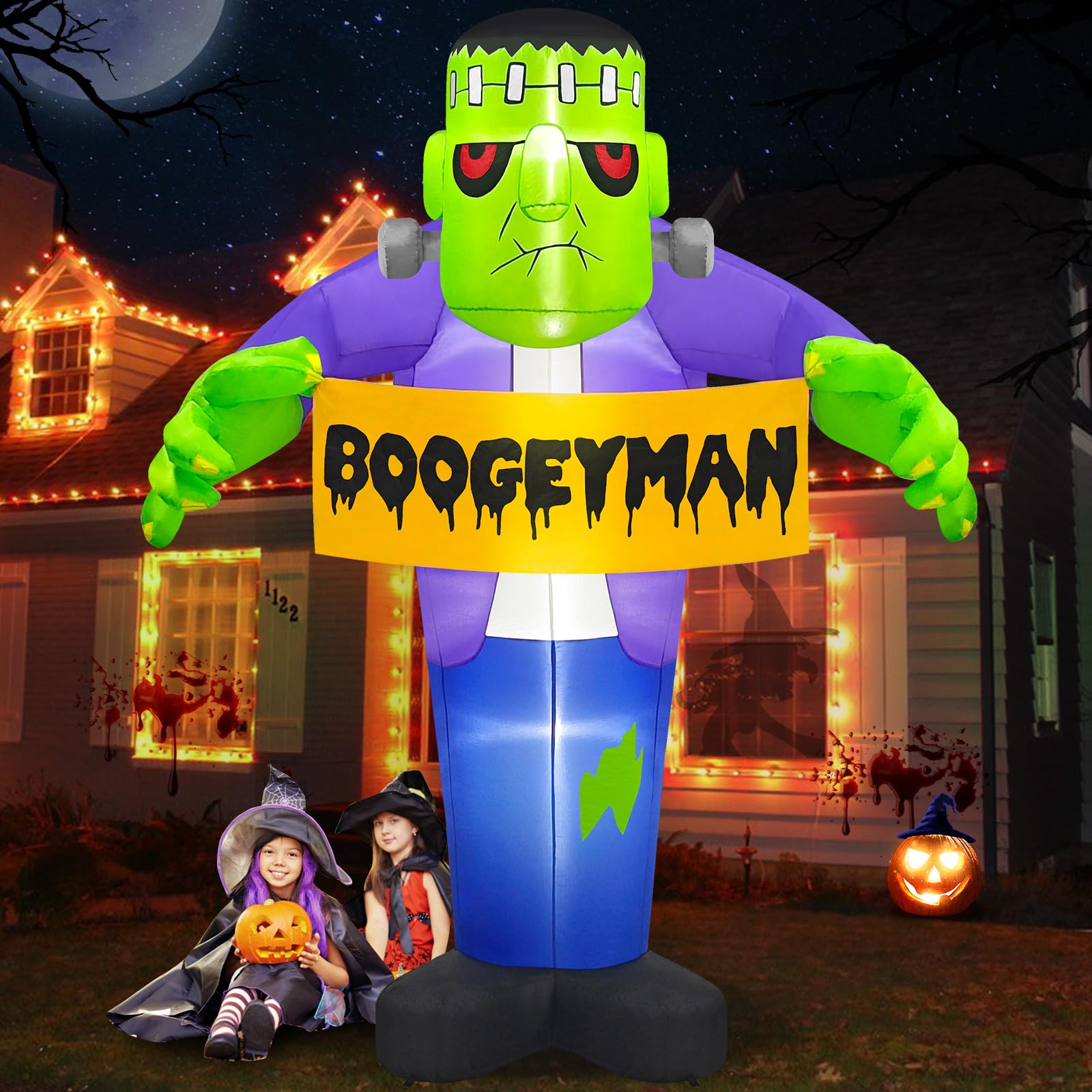 MICOCAH 8FT Tall Halloween Inflatables Outdoor Decoration - Frankenstein Inflatable Holding Banner Halloween Blow Up Decorations with Built-in LED Light for Front Yard Lawn Garden Holiday Party