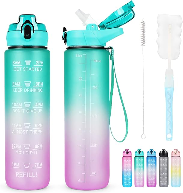 AOHAN Water Bottle with Straw 1L, Sports Drinks Bottle with Time Markings BPA Free Non-Toxic PCTG Plastic Leakproof Drinking Bottle Motivational Water Bottles With Cleaning Brush for Outdoor Sports