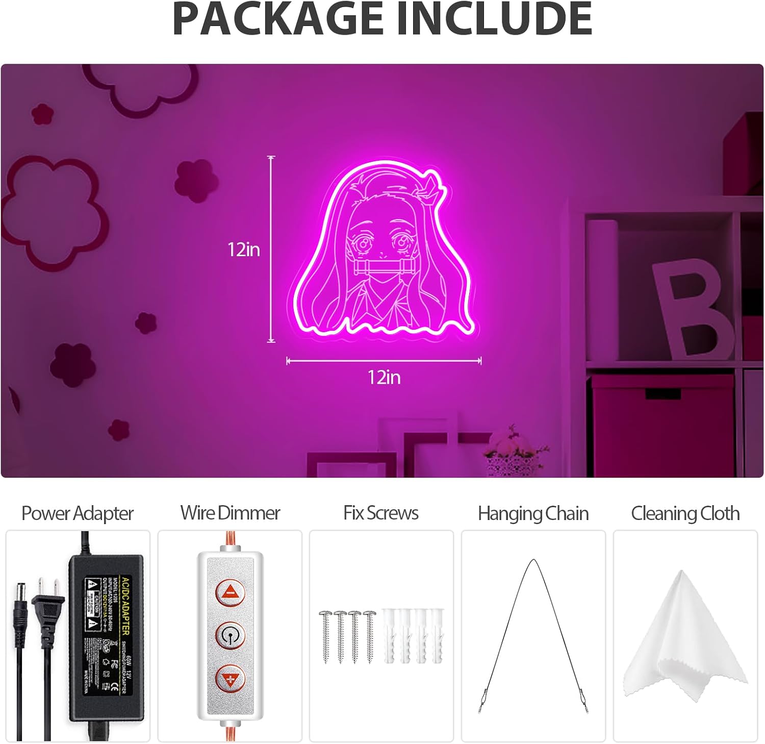 Kamado Nezuko Neon Sign, Handmade Anime LED Light for Bedroom Wall Decor, Japanese Pink Cute Night Lamp Gift for Daughter 12"x12"(Pink)