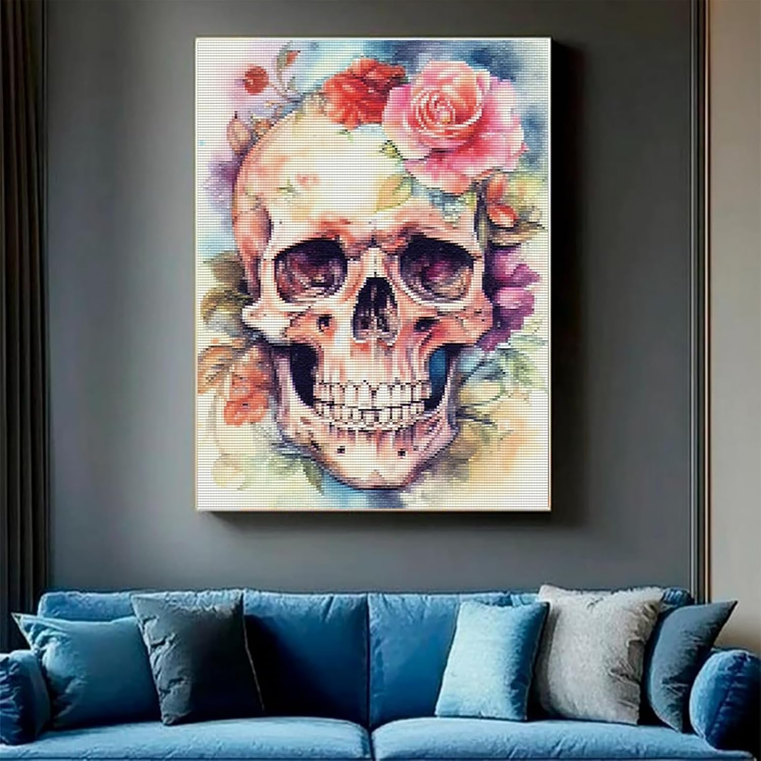 MIJVFNB Skull and Rose Cross Stitch Kits for Beginners Stamped Cross-Stitch Supplies Needlework DIY 11CT Cotton Thread Printed DIY Needlepoint Kits, 12x16 inch