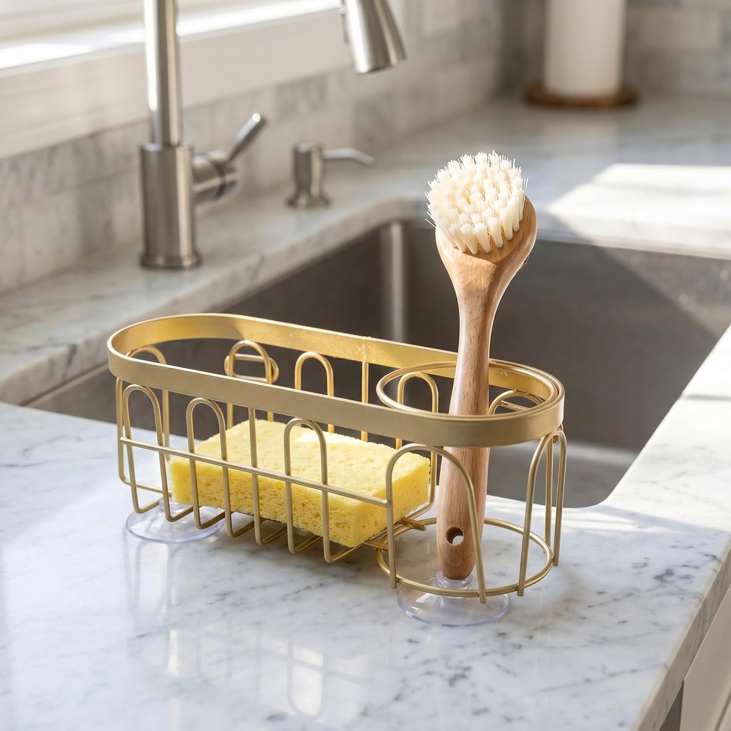 Kitchen Sponge Holder Sink with Brush Rack Quick Installation Dry Wet Separation Space-saving Organizer for Kitchen and Bathroom Golden image 5