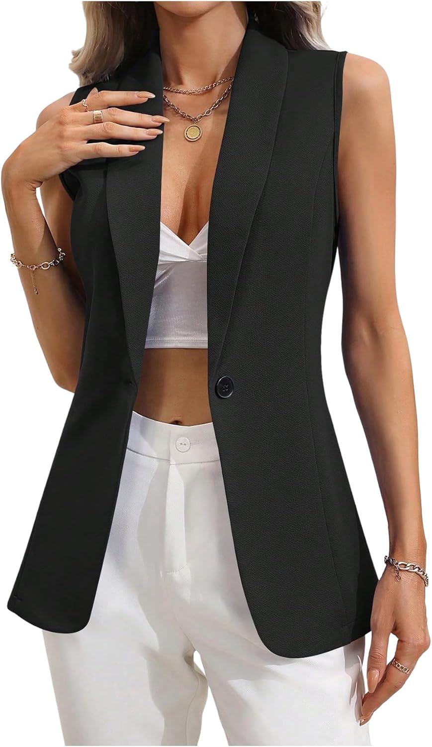 WDIRARA Women's Casual Dressy Button Down Vest Blazer Sleeveless Collared Outerwear