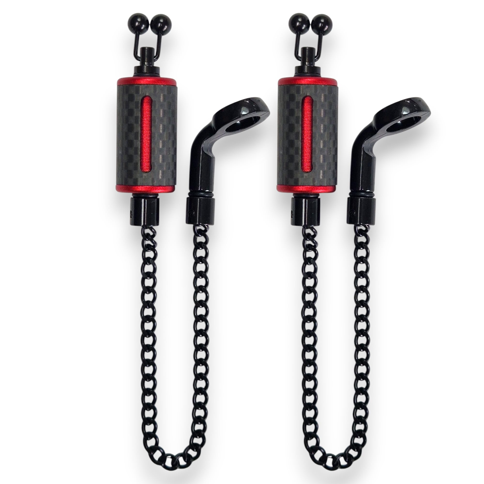 TJR Tackle 2 x Ultimate Carbon Bite Indicators bobbins with 14cm Chain, Black stainless steel ball line clips, Metal hockey sticks (Red)