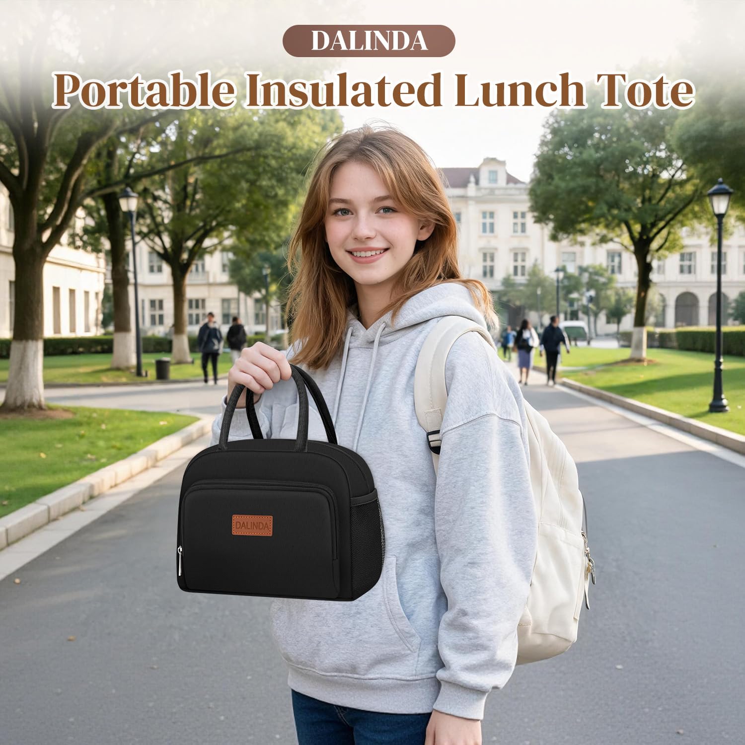 DALINDA Torba na lunch pudełko na lunch dla kobiet mężczyzn wielokrotnego użytku izolowana torba na lunch, szczelna termiczna torba chłodząca na żywność torebki o dużej pojemności do podróży pracy szkoły pikniku - czarna
