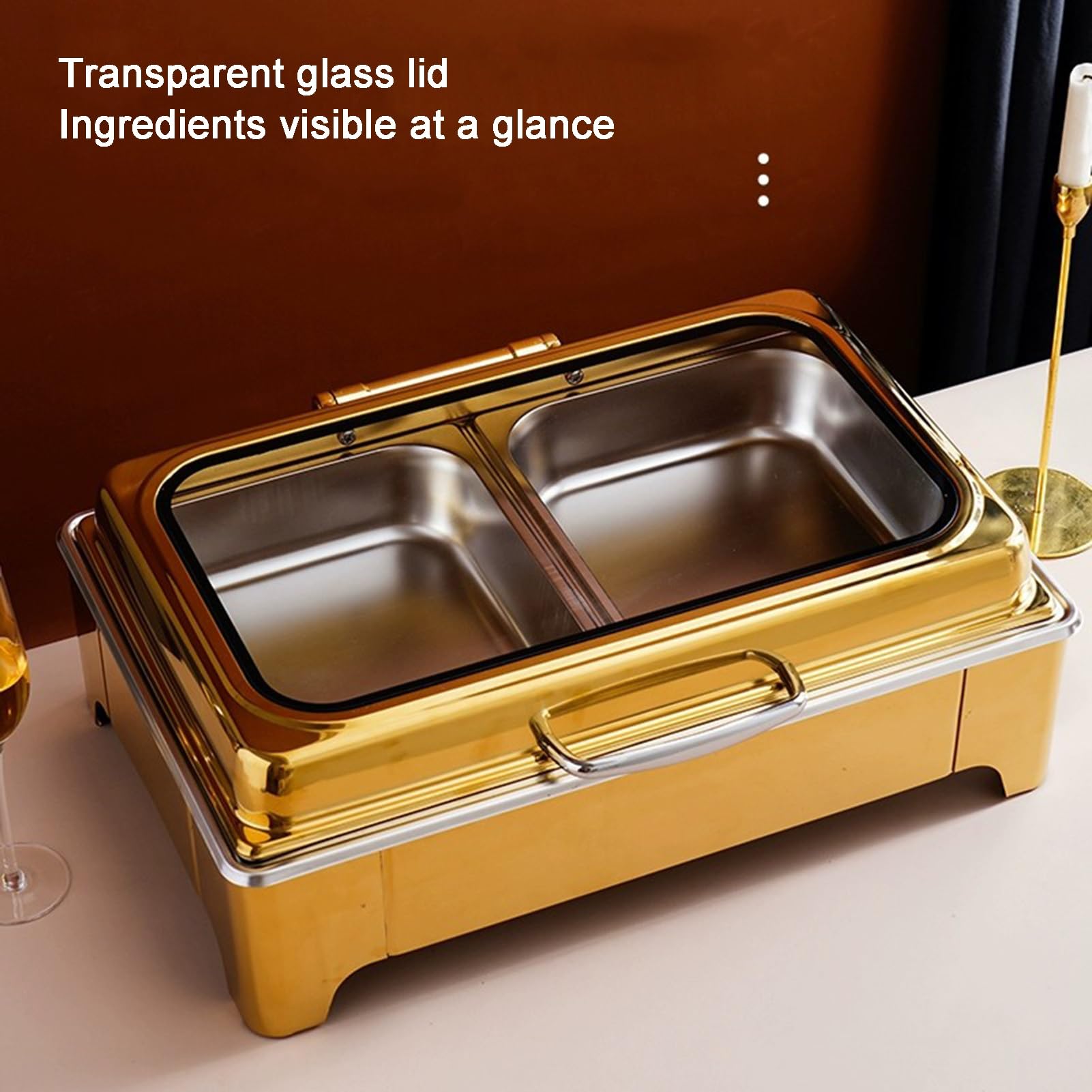 Platos de bufé con tapa de cristal, calentadores de alimentos de acero inoxidable para fiestas, bodas y eventos, elegante bandeja para servir