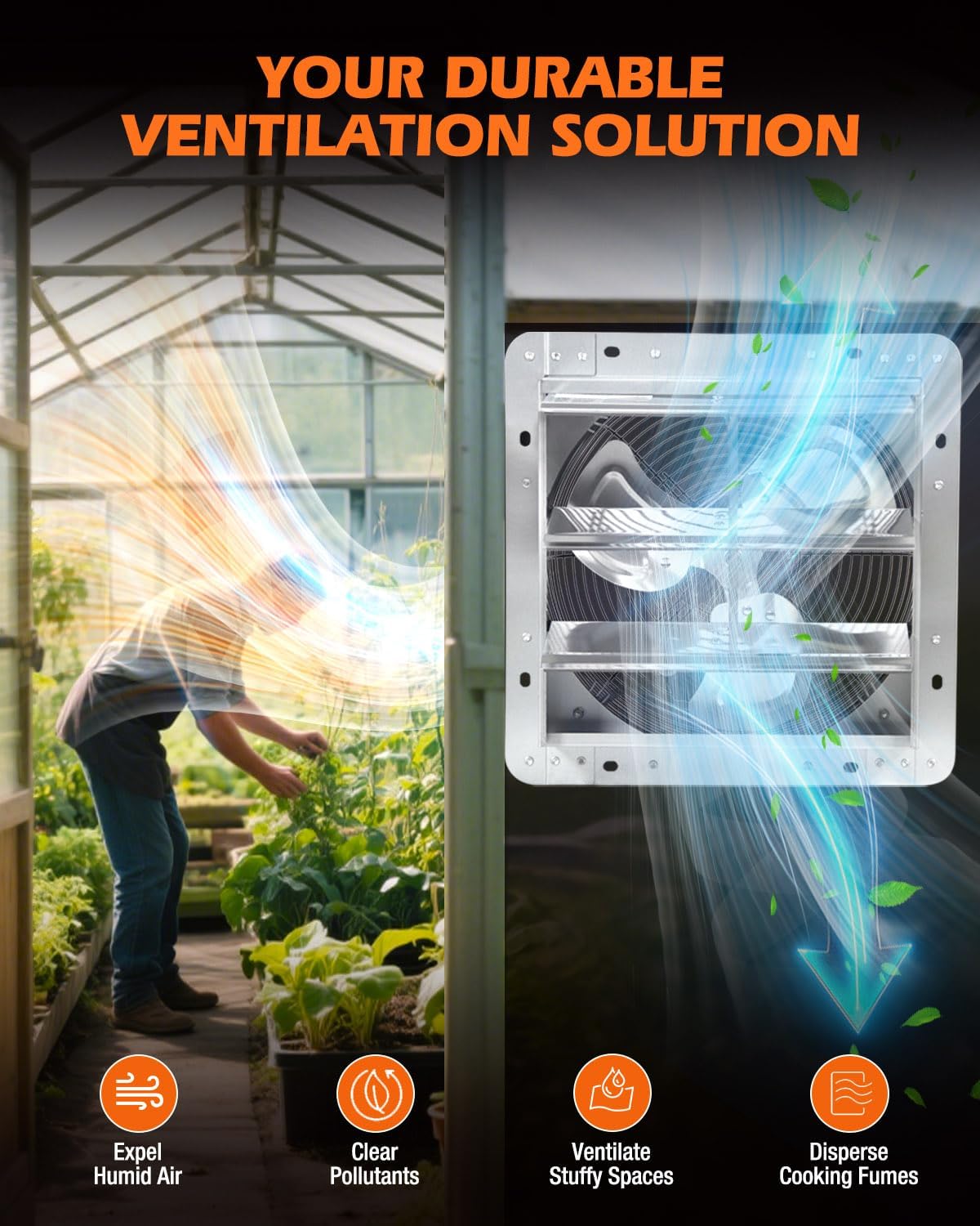 JVO 12 Inch Shutter Exhaust Fan 1450 CFM High-Powered Ventilation, Ideal for Attics, Greenhouses, Garages and Chicken Coops - Wall Mount for Easy Installation (12 inch Fan Wtih Power Cord)