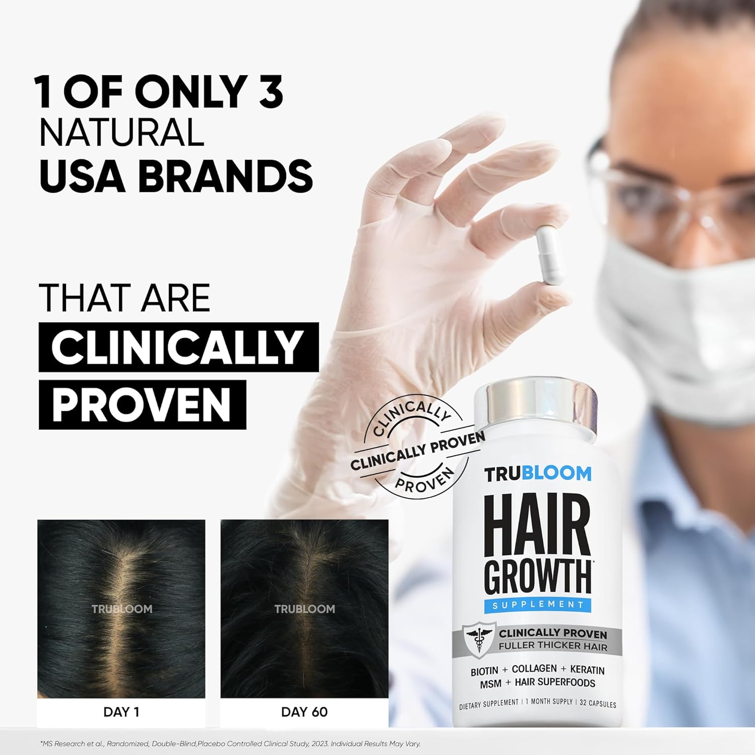 Tru Bloom Hair Growth Vitamins - Clinically Proven & Dermatologist-Tested to Grow Fuller & Thicker Hair | Drug-Free Hair Growth Products with Biotin, Collagen, Keratin, MSM, Zinc & D3-1 Month Supply