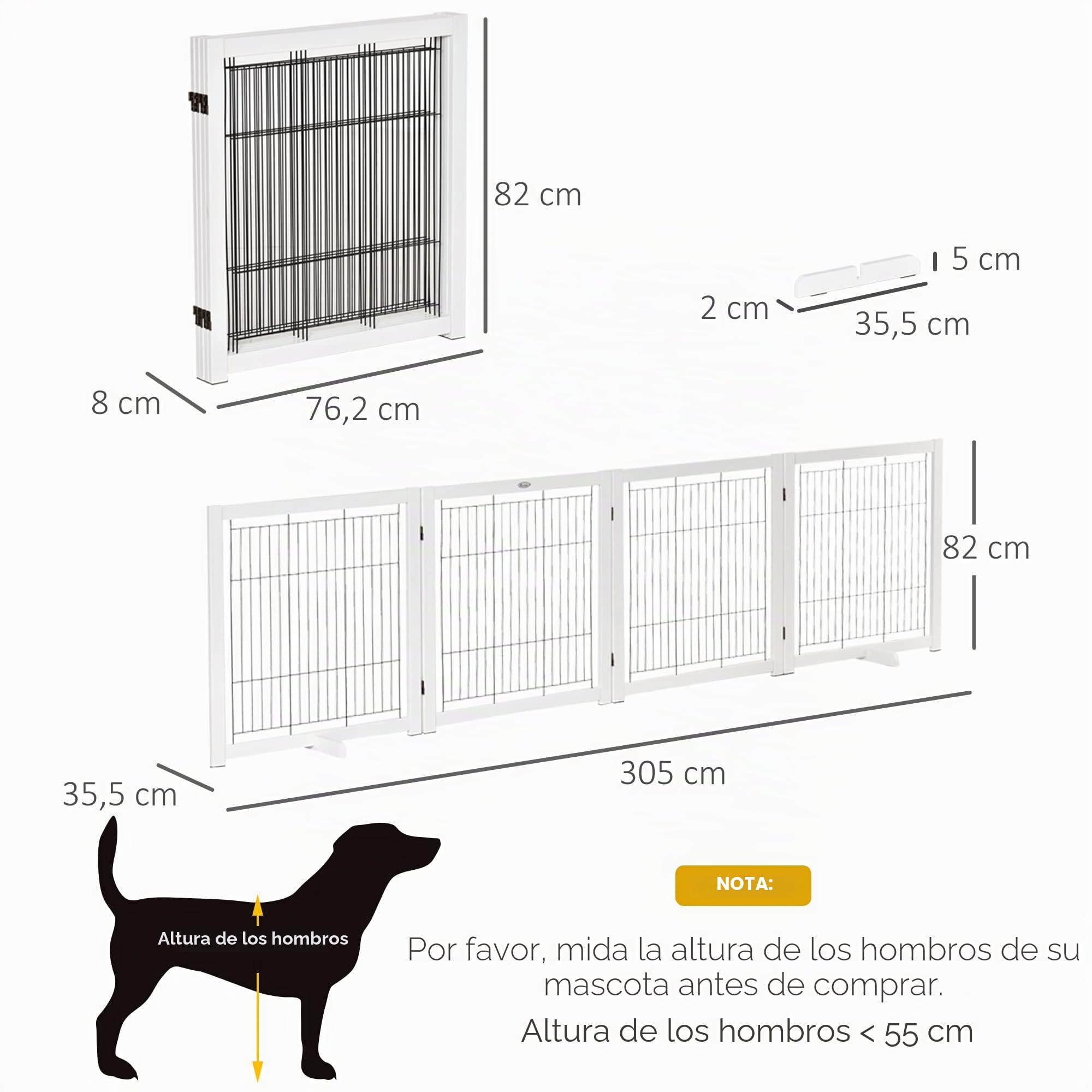 PawHut Barrera para Perros con pies, 305 x 82 cm, Madera, Plegable, para escaleras, Puertas, pasillos, 4 Paneles, Color Blanco