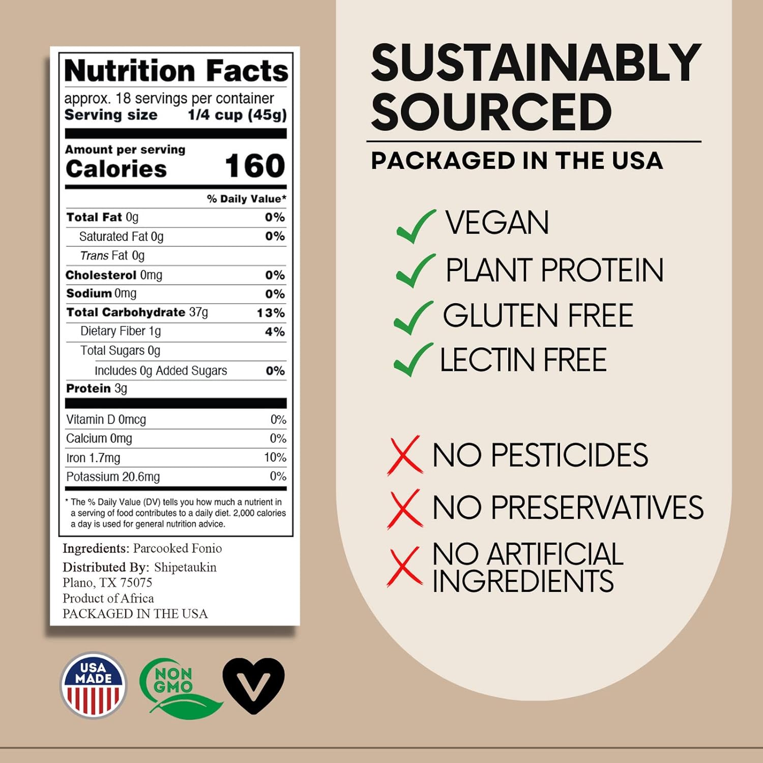 Shipetaukin Fonio African Supergrain: A Quick Cooking Whole Grain - Gluten Free - Vegan - Non GMO - Substitute for Bulgur, Rice, Couscous, Quinoa (28 Ounces)