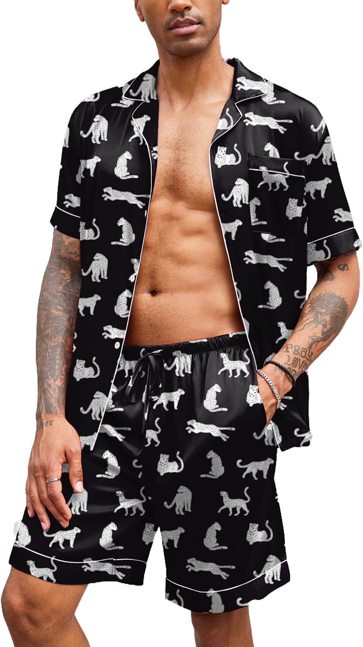 Mens Satin Pajamas Set Button-Down Short Sleeve Shirt Top Soft Silk Sleepwear Shorts with Pockets