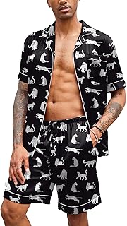 Ekouaer Mens Satin Pajamas Set Button-Down Short Sleeve Shirt Top Soft Silk Sleepwear Shorts