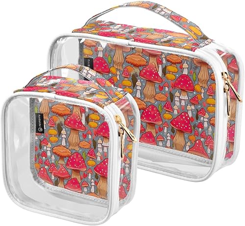 Kawaii Mushroom Clear Toiletry Bag for Traveling,2 Pack Makeup Cosmetic Bag with Zipper,Travel Bag for Toiletries,Travel Essentials 21214524