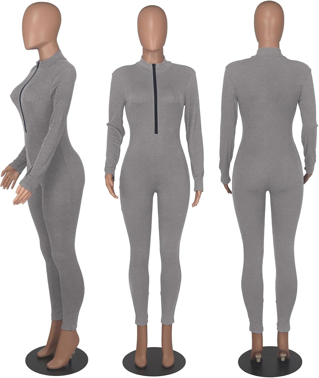 Womens Sexy Ribbed Bodycon Jumpsuit Long Sleeve Zipper Mock Neck Skinny Pants One Piece Romper Outfit Clubwear - Image 3