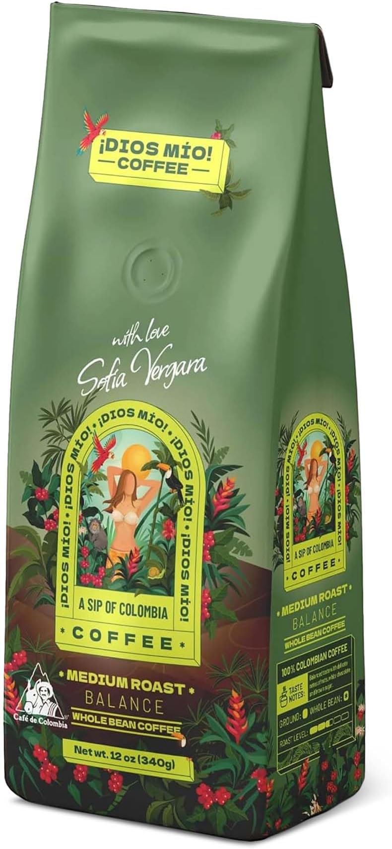 Dios Mio Coffee by Sofia Vergara, Medium Roast, Whole Bean Premium Colombian Coffee, 12 Ounce Bag
