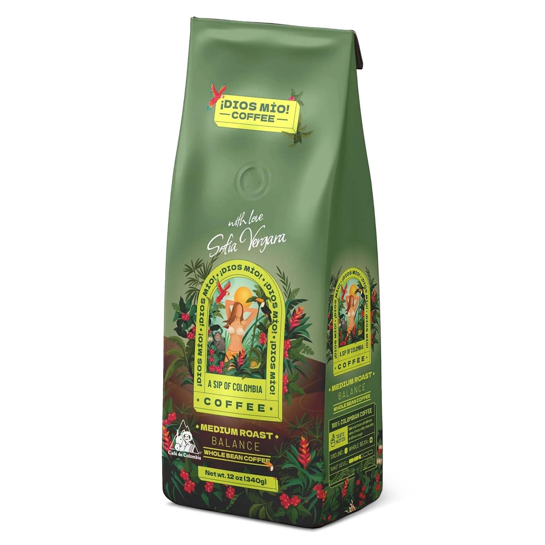 Dios Mio Coffee by Sofia Vergara, Medium Roast, Whole Bean Premium Colombian Coffee, 12 Ounce Bag