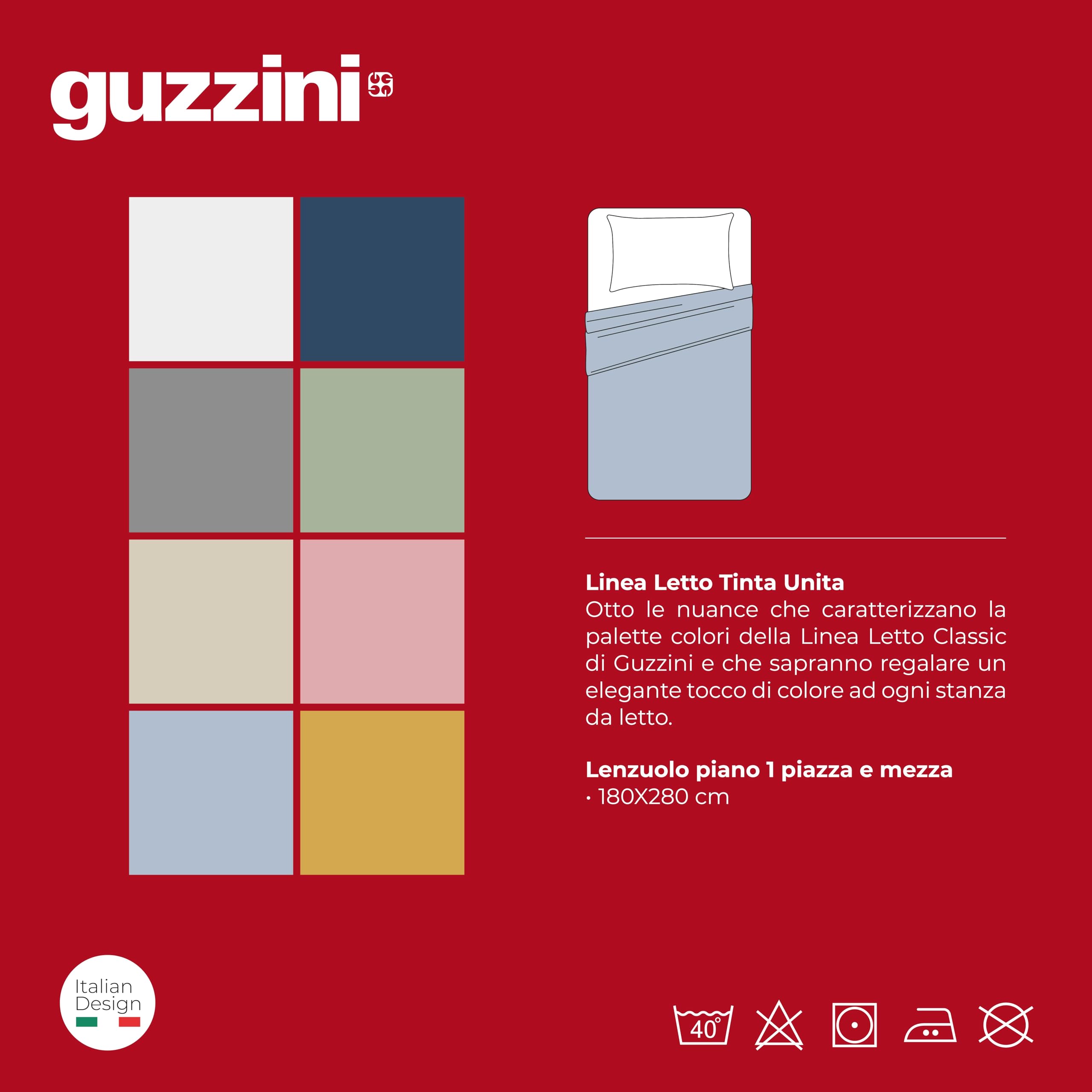 GUZZINI Classic - Lenzuola Una Piazza e Mezza Cotone 180x280 100% Percalle Certificato OekoTex Fresco e Traspirante, Lenzuolo Una Piazza e Mezza Piano Sopra per Biancheria da Letto Morbida Resistente