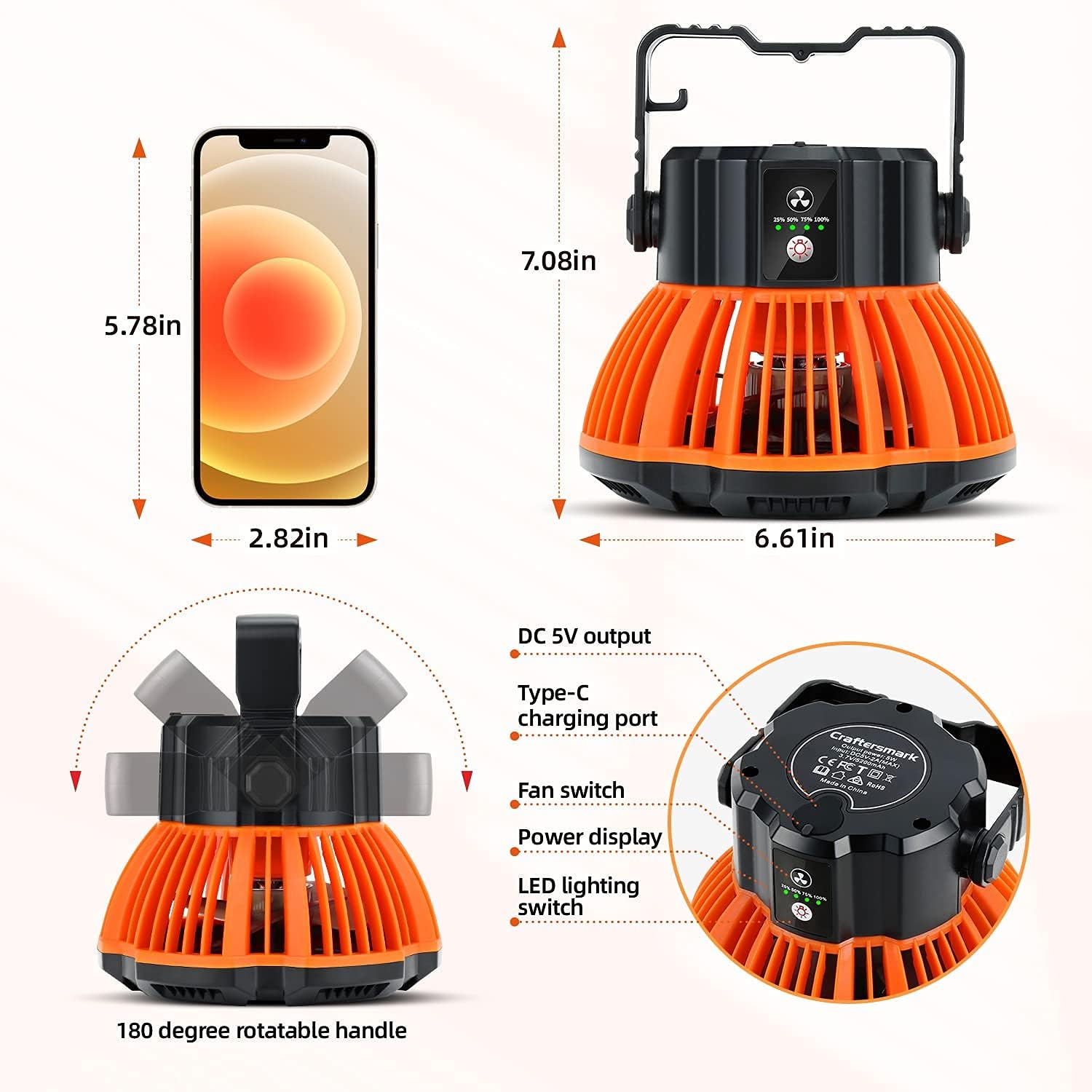 Craftersmark Portable Tent Fans for Camping-50 Hours Working Time with LED Lantern Rechargable Battery Operated USB Powered with Remote Control Power Bank 180°Head Rotation, Cordless Camp Fan for Beach, Picnic