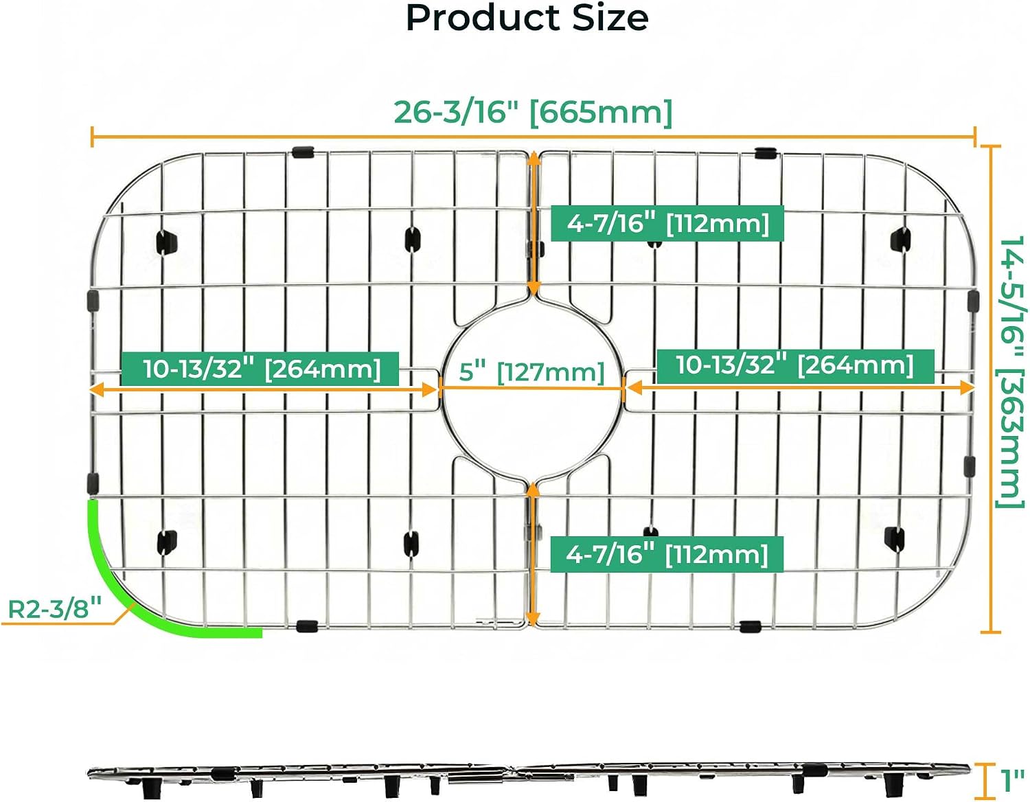 26-3/16"x14-5/16" Stainless Steel Sink Grid Bottom Protector Rack | 304 Stainless, Anti-Rust, Sink Bottom Protector, Scratch Proof, Center Drain, Multi-Use Rack, Heavy Duty, Easy Clean