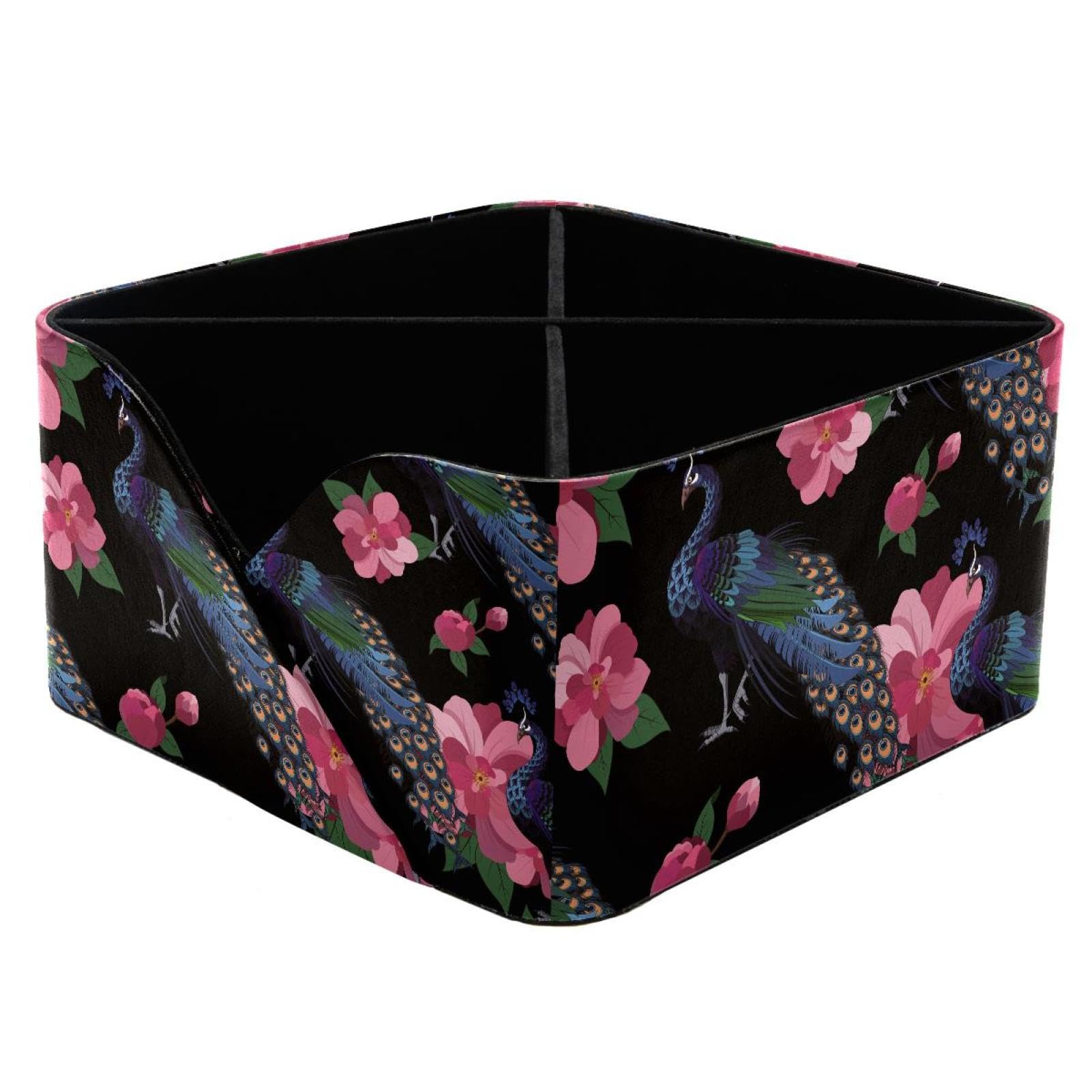 KengjuTesu Peacock Colorful Flowers Pink Desktop Organizer Pen Holder, Rectangular Pencil Cup for Office, Study and Makeup Stations