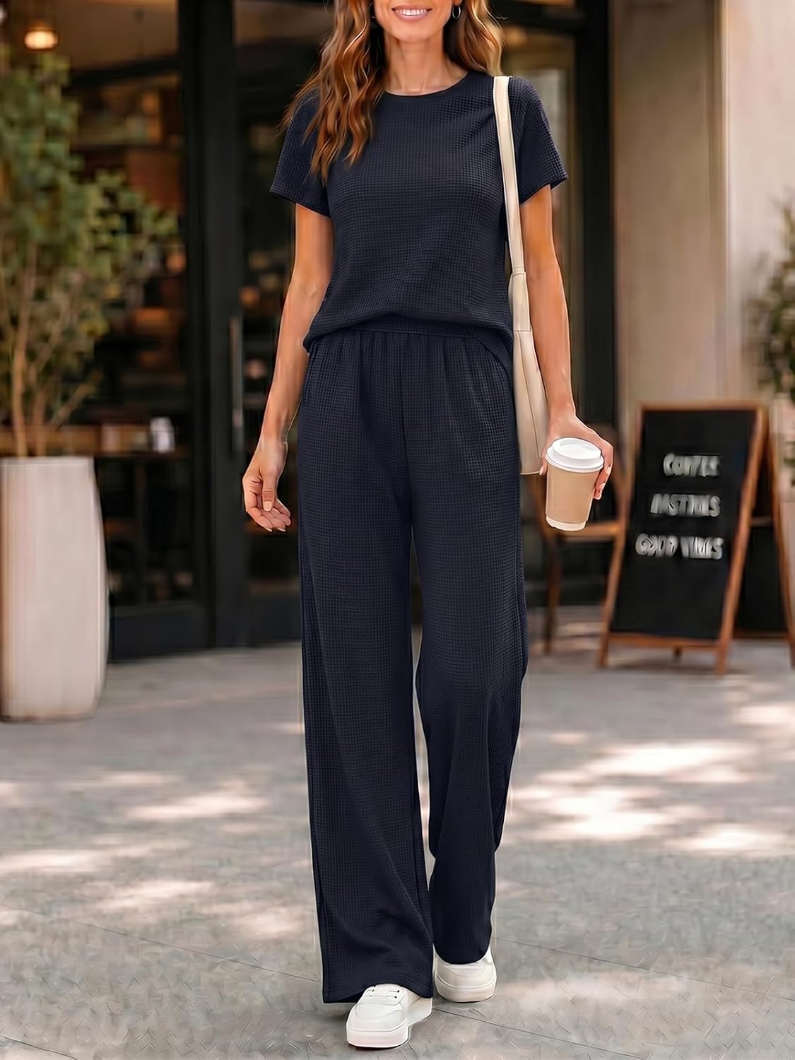 2 Piece Lounge Sets for Womens 2026 Waffle Knit Matching Sets Short Sleeve Top Wide Leg Pants with Pockets