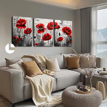 Red Flowers Canvas Wall Art - 3 Panels Abstract Nice Flowers Landscape Autumn Picture for Living Room Decorative Woodern Framed Print Artwork Ready to Hang Bathroom Wall Decor 12x16inch 3PCS