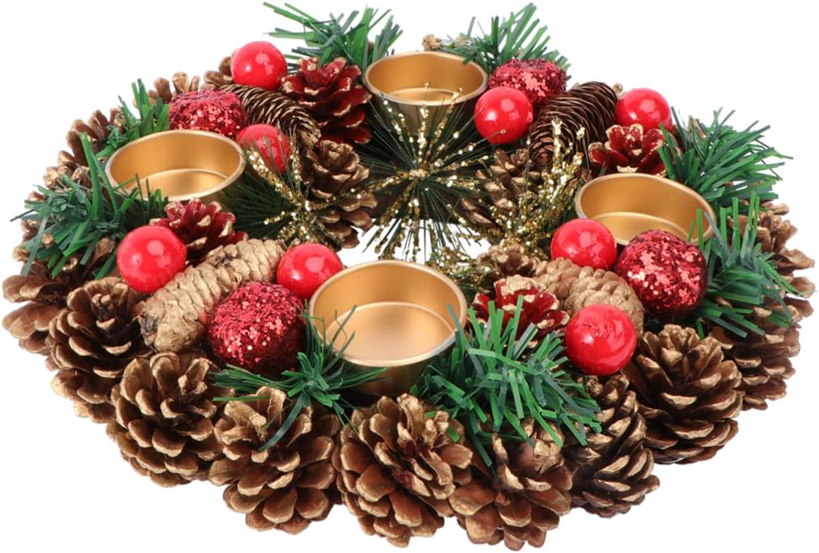 UKCOCO Christmas Candleholder Decor with Handmade 27cm Wreath, Home Candleholder for Holiday Table Centerpiece, Practical Taper Candlestick for Seasonal Home Decoration