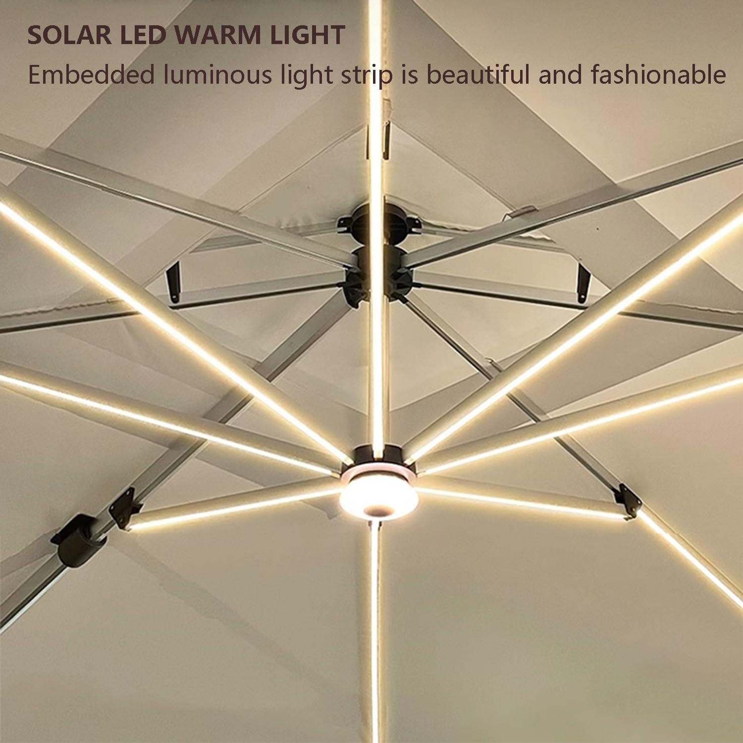 3,5m x 3,5m Sombrilla grande for patio Parasol Excentrico Sombrilla Descentralizada Giratorio 360º con 32 Luces LED Energía Solar for Terraza Piscina Patio