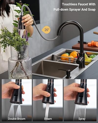 Vista 66 de APPASO Grifo de cocina cuadrado con filtro, grifos de fregadero de 3 vías negro mate con rociador extraíble, 2 modos, arco alto, moderno, 2 asas