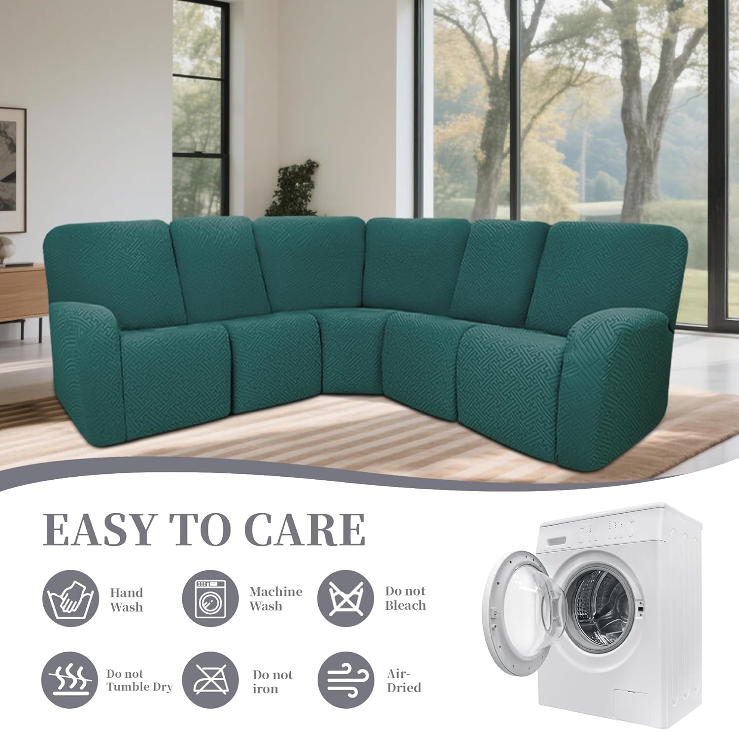 100% Waterproof Sectional Recliner Couch Covers for Reclining Couch L Shaped Corner Sectional Sofa Cover Jacquard Stretch L Shape Recliner Slipcovers (5 Seater Cover, Peacock Blue)