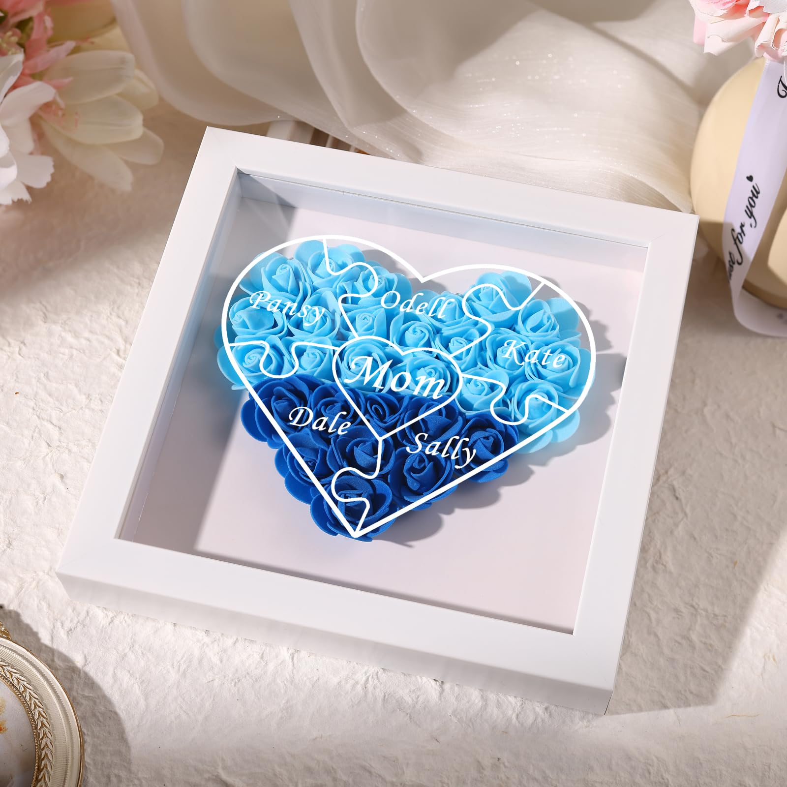 Mom Gift, Gift for Moms, 2025, Personalized Heart-Shaped Flower Shadow Box for Mom, Custom Names Family Keepsake Frame Gifts for Mum Grandma Mom (Style 5)