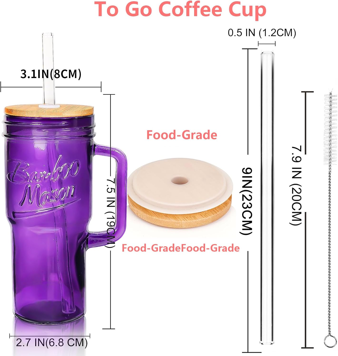 ANOTION Glass Cups with Handle, 24oz Glass Cups with Lids and Straws Travel Coffee Mug Bamboo Mason Jar Iced Cup Smoothie Tea Clear Cute Water Drinking Jars Glasses, Purple - Image 2
