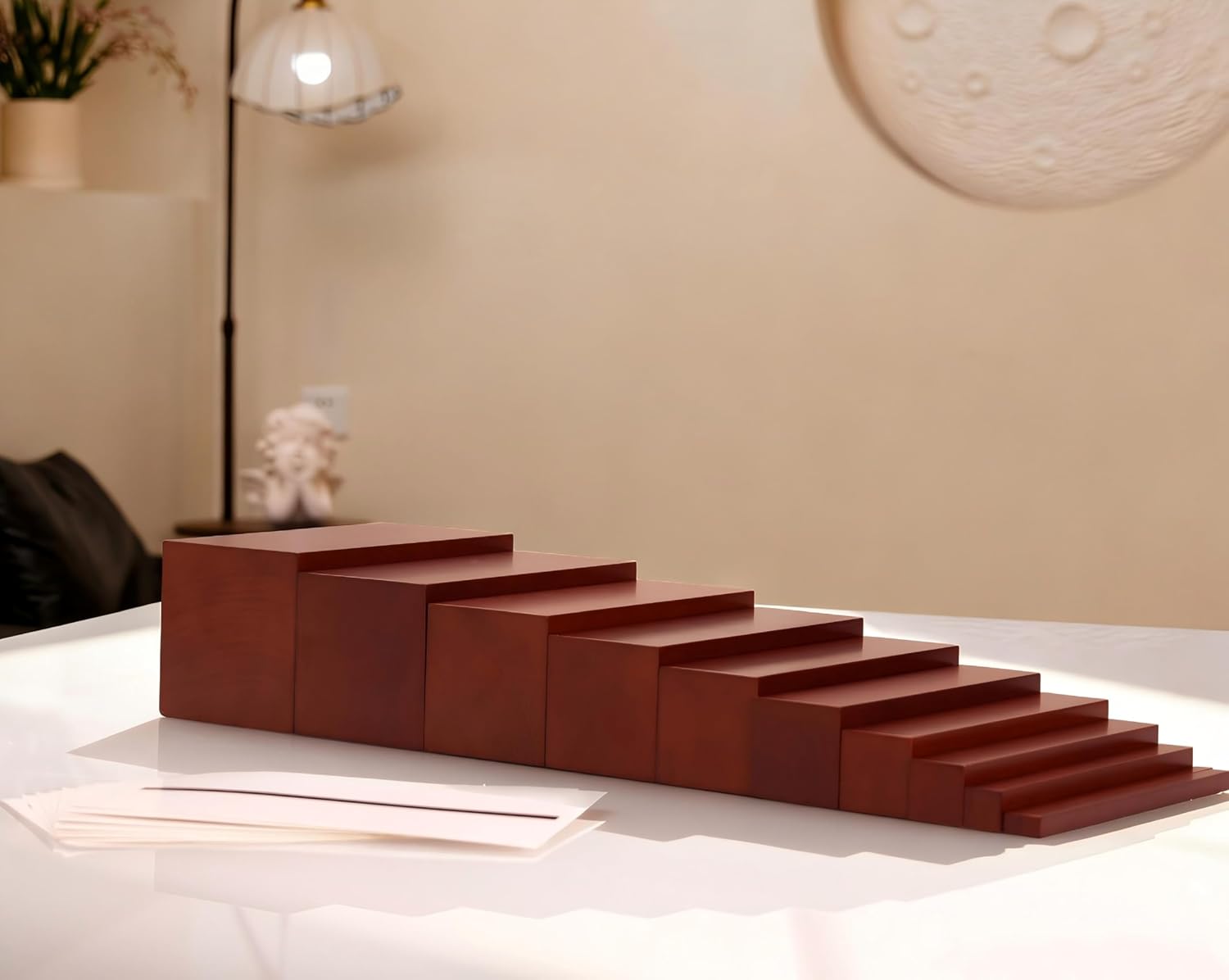 Montessori Large Brown Stairs & Cards, Solid Beechwood Ten Rectangular Prisms 21 * 7.9", Sensorial Materials for Kids Ages 3-6, Educational Wooden Toys, Thick Thin Discrimination Learning