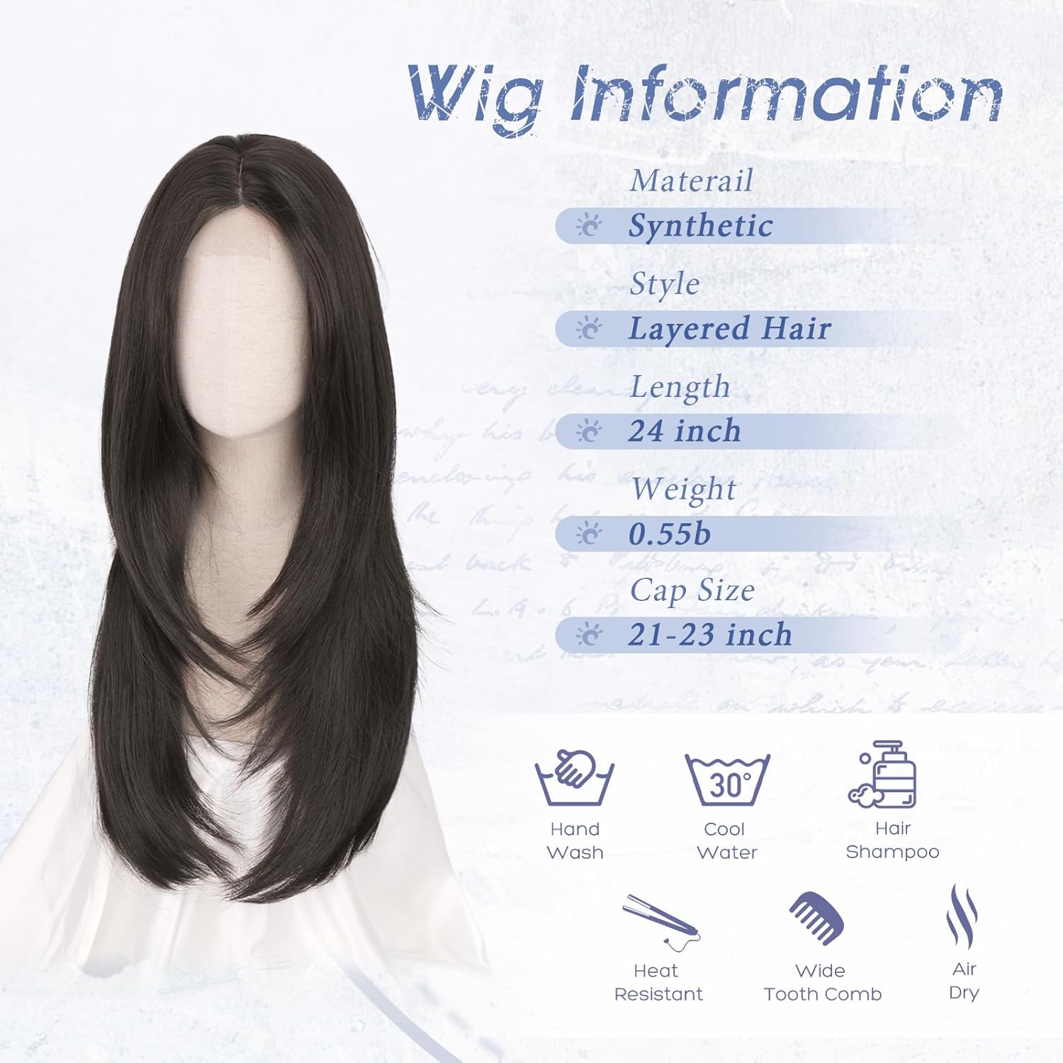 Haloo Brown Wig with Curtain Bangs - Lace Front Hairline Middle Part Long Layered Natural Looking Straight Synthetic Hair Wigs for Women Daily Party, 24 Inch Dark Brown