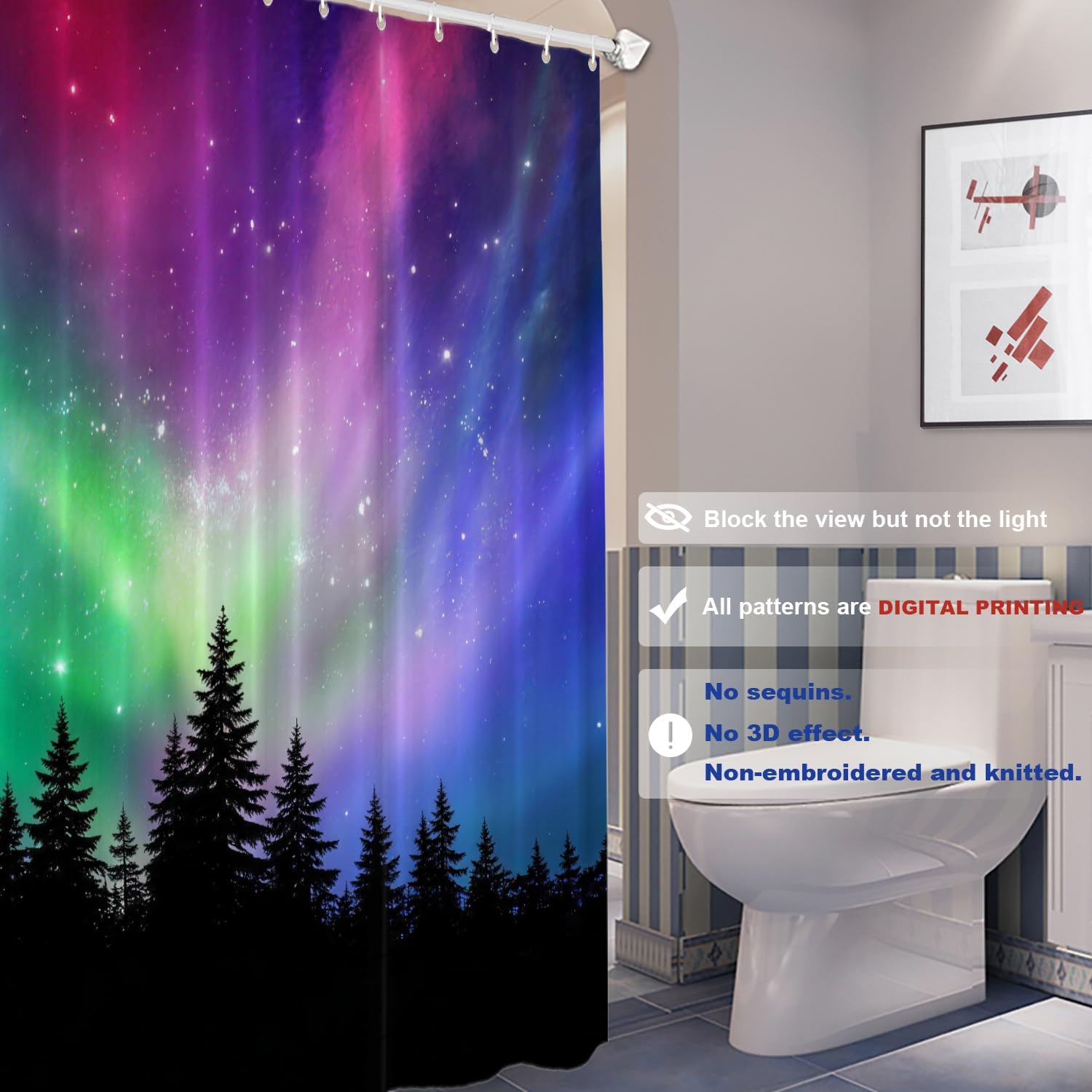 Batmerry Northern Lights Forest Decorative Shower Curtain, Northern Lights Aurora Borealis Shower Curtain Cute Long Wide Shower Curtain with Rust Proof Grommets for Bathroom Waterproof Washable
