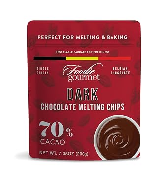 Foodie Gourmet Belgium Dark Chocolate Melting Chips Rich & Intense Gourmet Chocolate for Baking, Dipping, Drizzling, Candy Making & Desserts 7.05 oz 70% Cacao