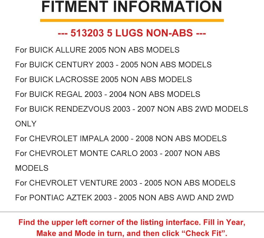OCPTY 1pc 513203 Front Wheel Bearing and Hub Assembly fit for 5-Lug W/o ABS for Buick Century Lacrosse Regal Rendezvous for Chevrolet Impala Monte Carlo Venture for Pontiac Aztek Grand Prix Montana