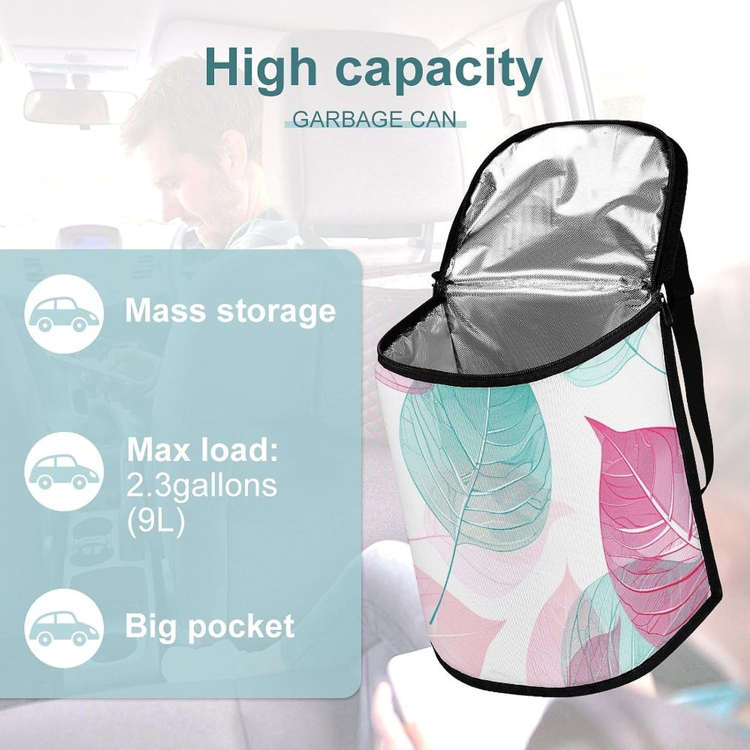 MUSM Leakproof Car Trash Can 2.5 Gallon, Durable Automotive Garbage Bag with Waterproof Liner, Peach and Teal Leaves Trash Bag for Car, Truck, RV & Bathroom