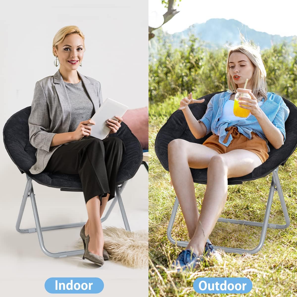 ZenStyle Set of 2 Faux Fur Chairs, Folding Chair Soft Lounge Chair, Portable Moon Chair for Bedroom, Dorm Rooms, Apartments, Lounging, Garden and Courtyard, Black