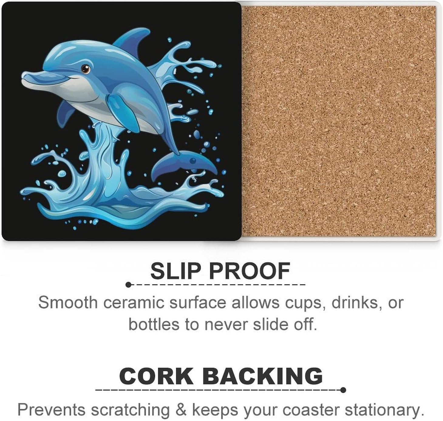 Dolphins Coaster for Drinks Square Ceramic Table Coasters Stone Mat Crafts 6PCS Home Kitchen Decor