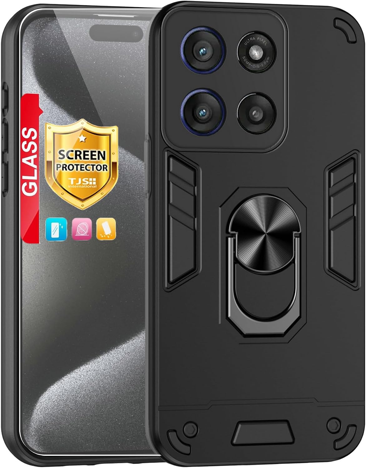 Compatible with Motorola Moto G56 Case [with Tempered Glass Screen Protector] for Moto G66J / Moto G66Y Phone Case Black