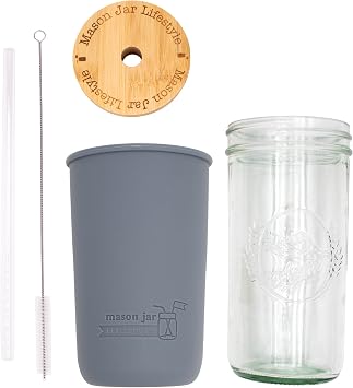 Mason Jar Lifestyle Wide Mouth 24oz Pint & Half Glass Mason Jar Water Bottle Travel Tumbler with Silicone Sleeve & Bamboo Straw Lid Charcoal Gray