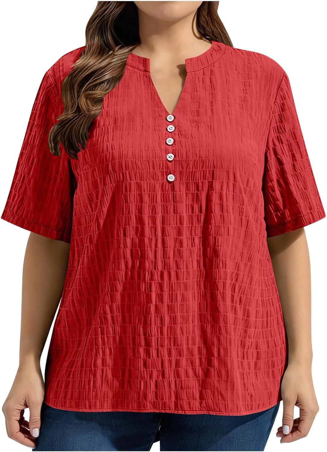 Ladies Plus Size V Neck Blouses Casual Button Henley Tunic Tops for Fat Women Short Sleeve Loose T Shirts