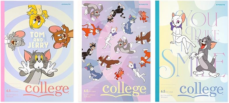 Kyokuto Bunch Notebook, Tom and Jerry Friendship Semi B5, 3 Books, 6.5mm Rule, Assorted U19003