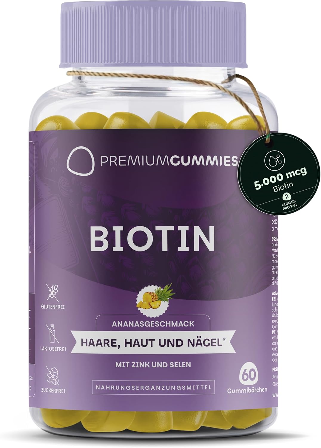 Biotin 5000 mcg Gummy Bears for Hair Skin & Nails - With Zinc & Selenium - Pineapple - Sugar Free Vegan Gluten Free & GMO Free - 60 Gummies for 30 Days