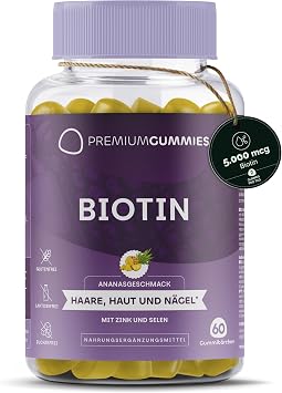 Biotin 5000 mcg Gummy Bears for Hair Skin & Nails - With Zinc & Selenium - Pineapple - Sugar Free Vegan Gluten Free & GMO Free - 60 Gummies for 30 Days