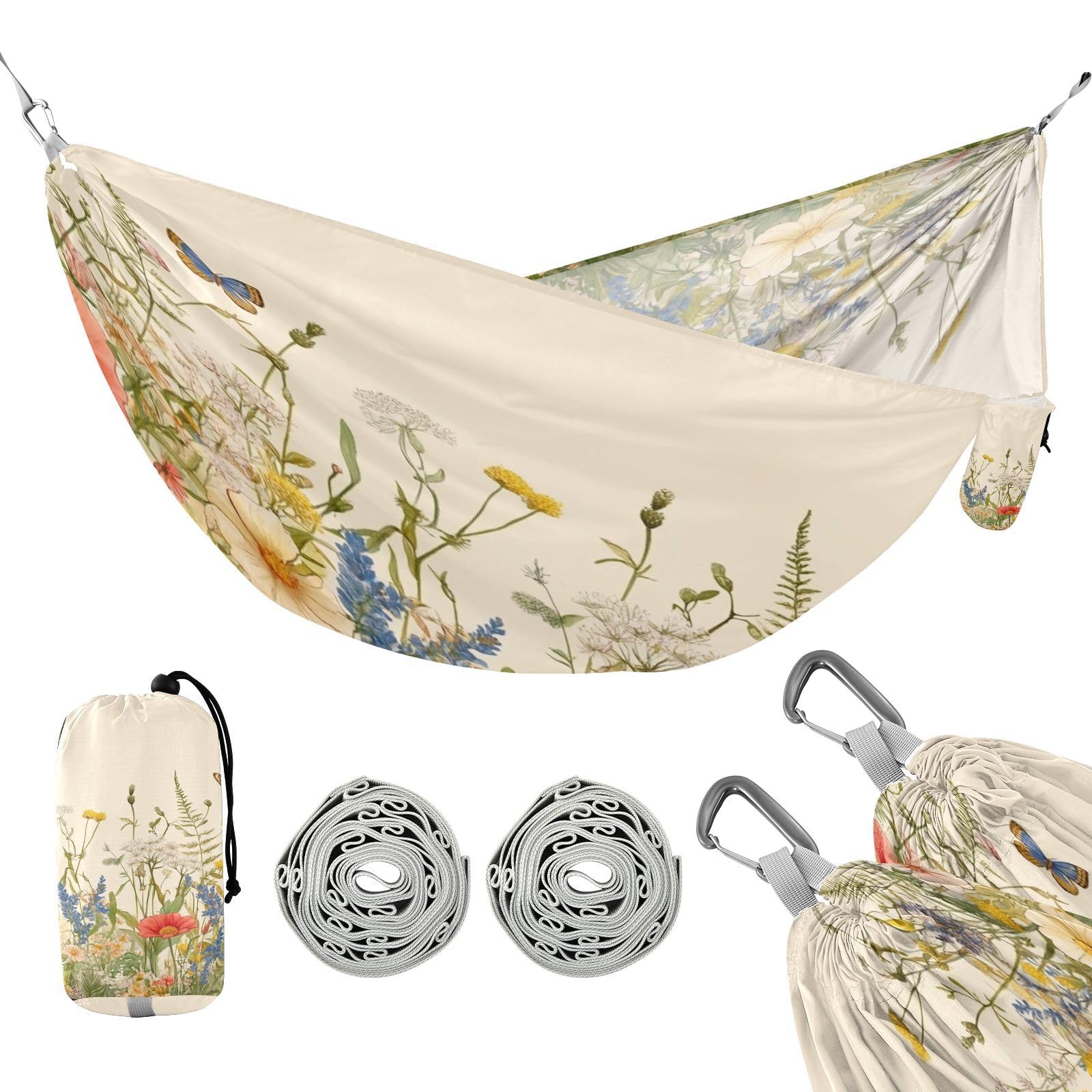 Haskirky Wildflowers Butterfly Camping Hammock, Single Portable Hammocks with Tree Straps & Attached Carry Bag, 330Lbs Capacity Perfect for Outside Indoor Hiking Beach Backpack Travel
