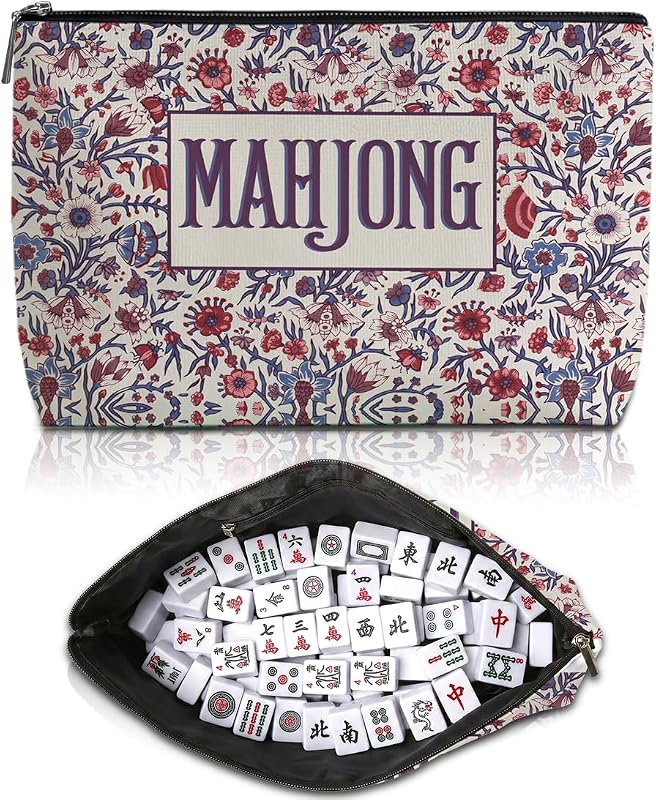 Bolsa para peças de Mahjong Blue Leaves Roxa com estampa floral e zíper